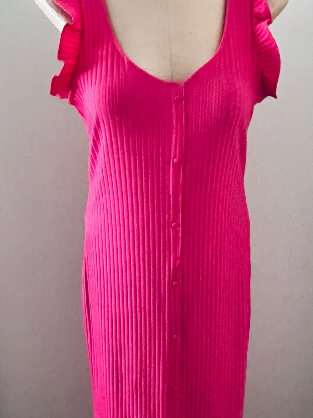 Zara Hot Pink Ribbed Button-Front Midi Dress with Ruffle Sleeves